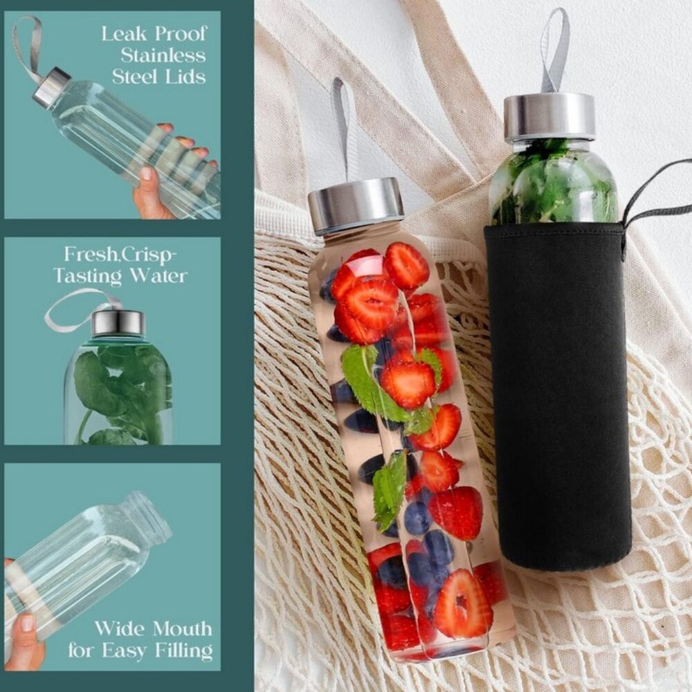 TWO 16 Ounce Glass Water Bottles Stainless Lid Carrying Straps Black Sleeve